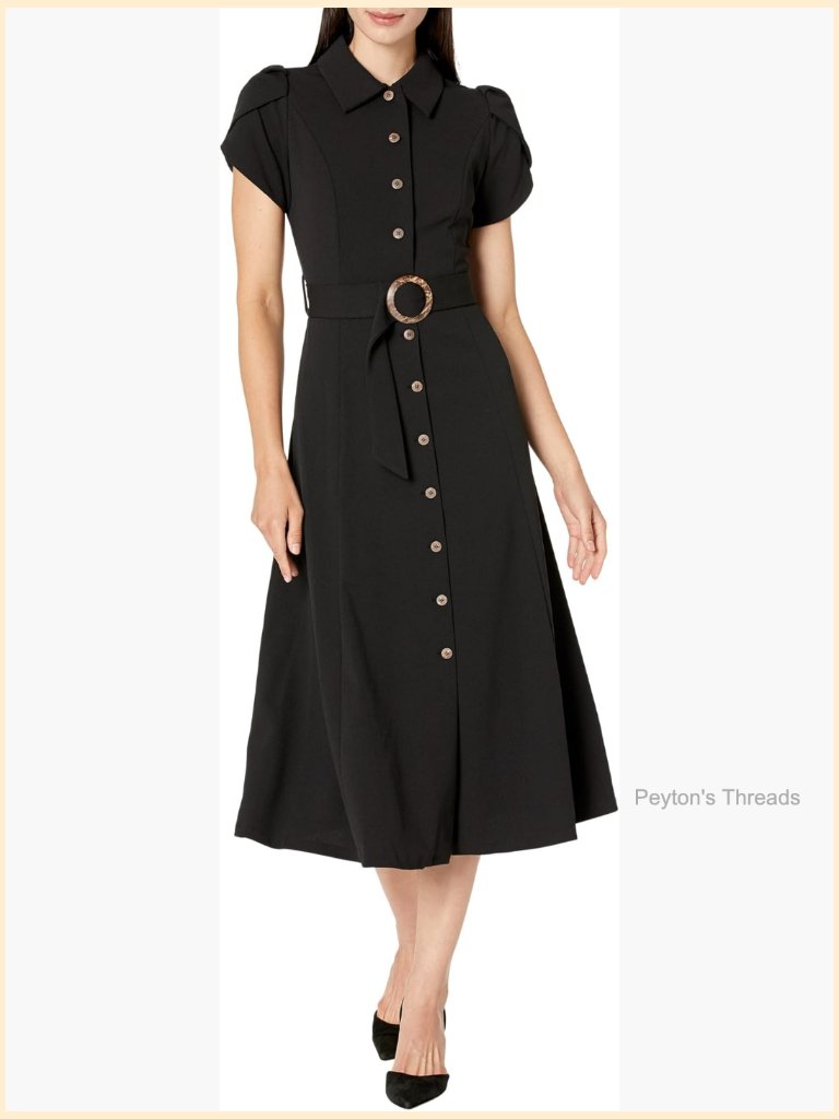 Short Puff Sleeve Collared Belted Midi Shirtdress - Crepe